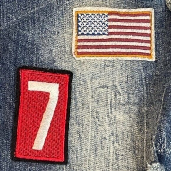 Black Premium Skinny Flex Blue trendy Jeans Distressed Patches Sz 28 /28 Hemmed - Picture 6 of 10